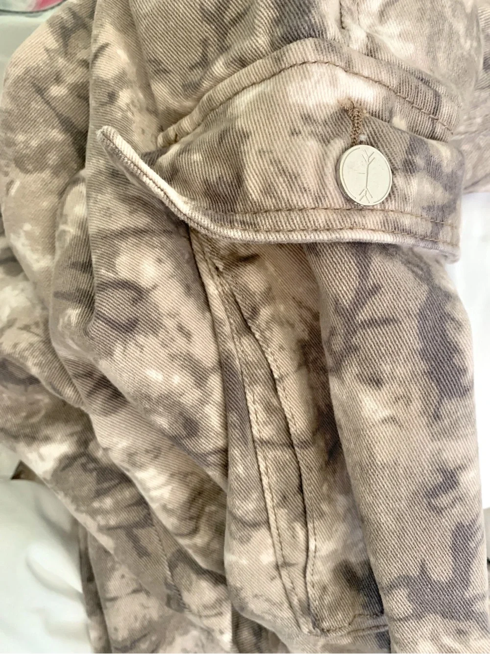 Banjara Y2K Lightning Marble Paint Wide-Leg Cargo Pants in Taupe Gray White